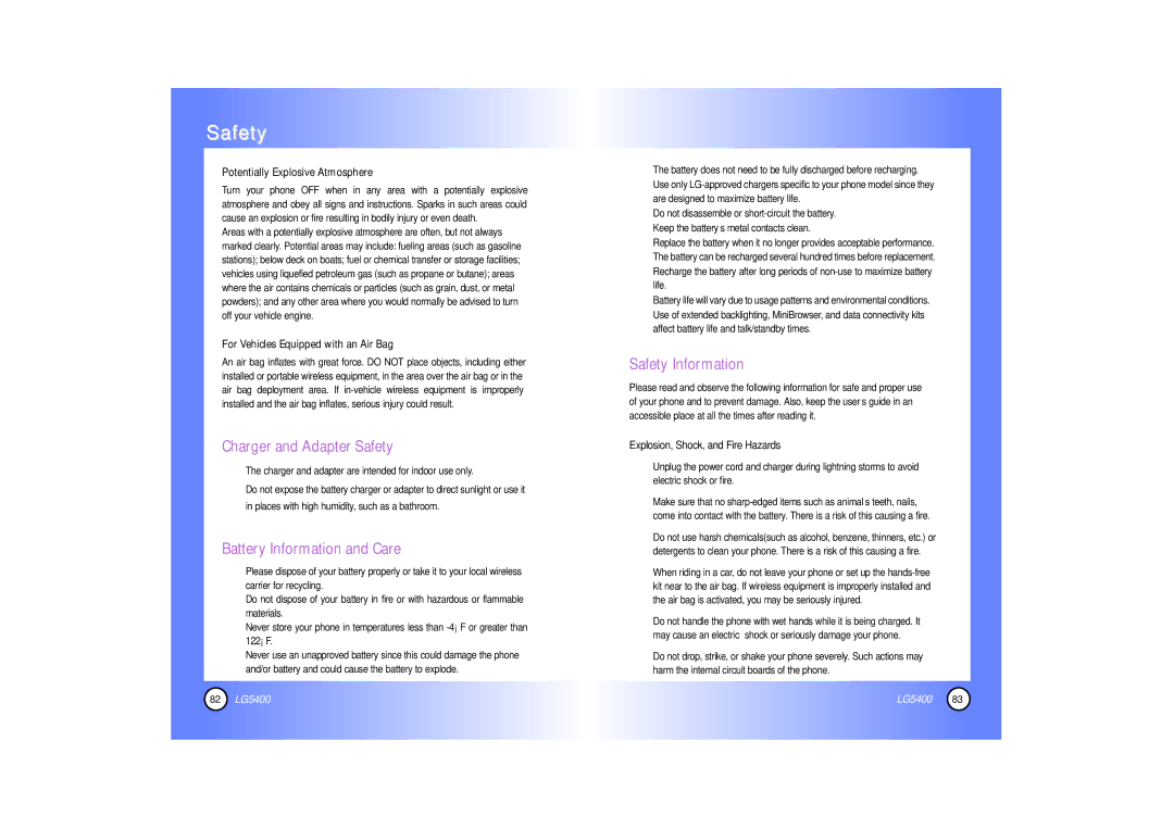 LG Electronics 5400 manual Charger and Adapter Safety, Battery Information and Care, Safety Information 