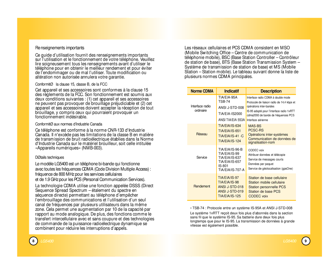 LG Electronics manual Renseignements importants, Le modéle LG5400 est un téléphone bi-bande qui fonctionne 