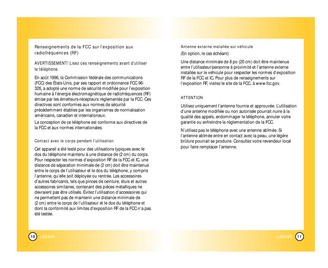 LG Electronics 5400 manual En option, le cas échéant, Contact avec le corps pendant l’utilisation 