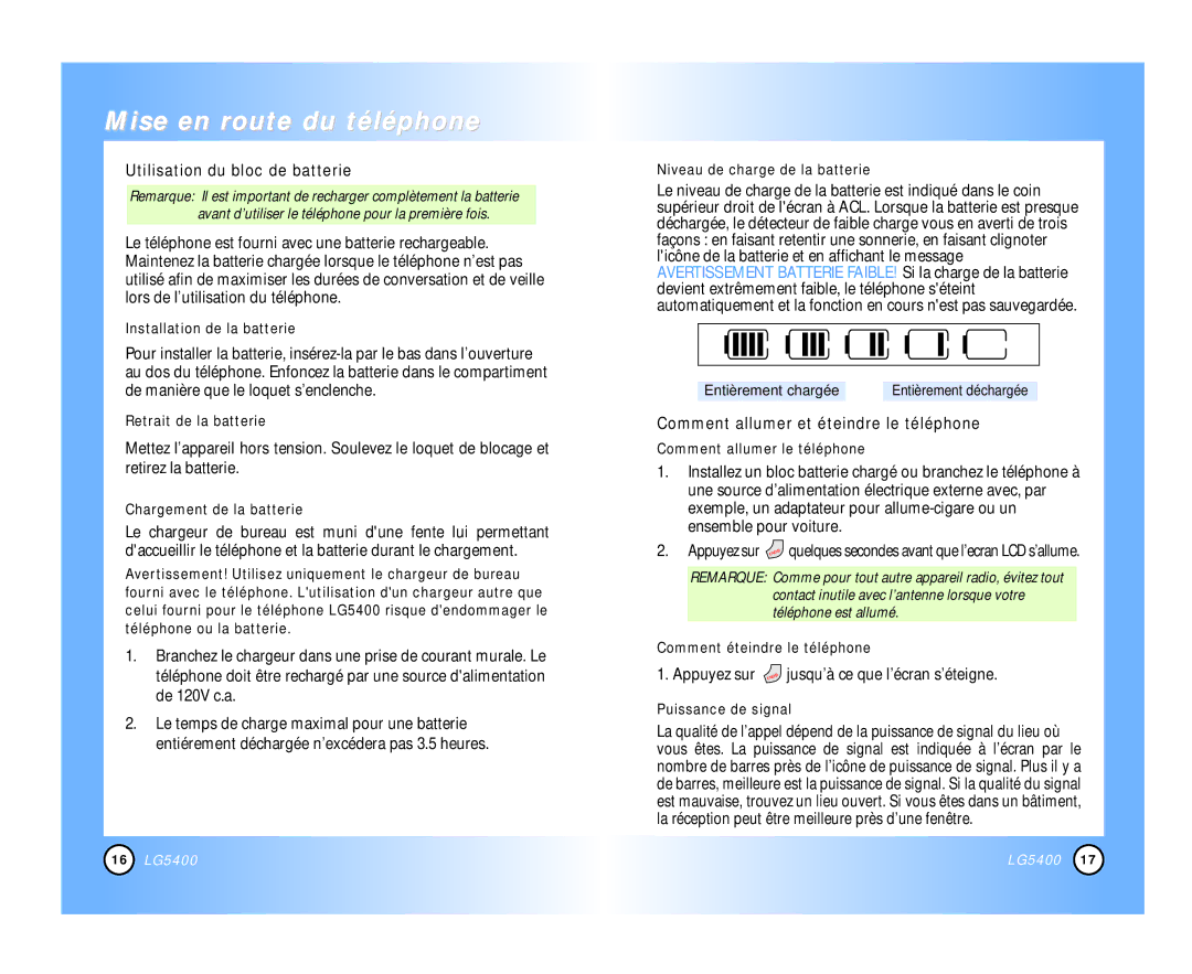 LG Electronics 5400 Mise en route du téléphone, Utilisation du bloc de batterie, Comment allumer et éteindre le téléphone 