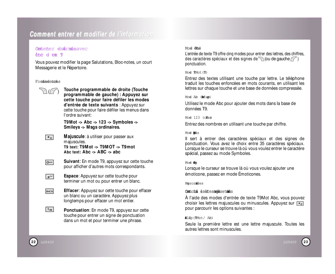 LG Electronics 5400 Fonctions des touches, Dentrée de texte suivants Appuyez sur, ’ordre suivant, T9Mot Abc 123 Symboles 