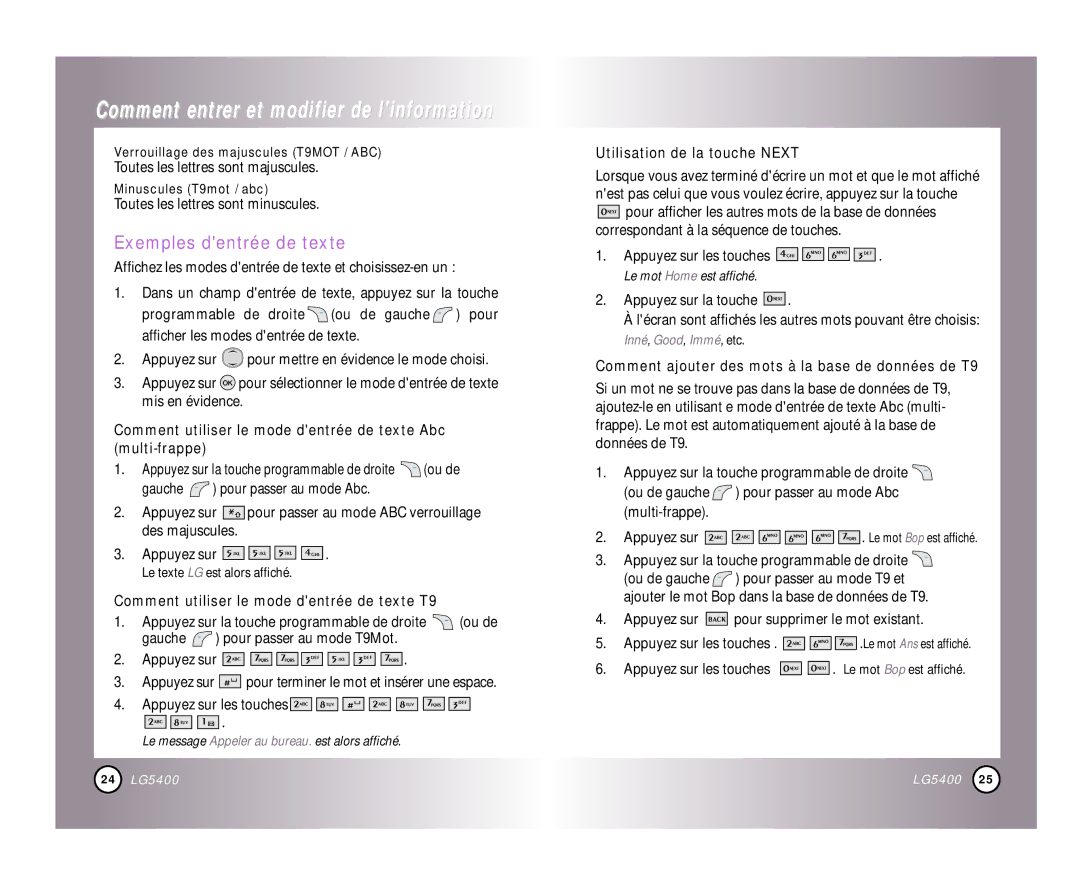 LG Electronics 5400 manual Exemples dentrée de texte, Comment utiliser le mode dentrée de texte Abc multi-frappe 