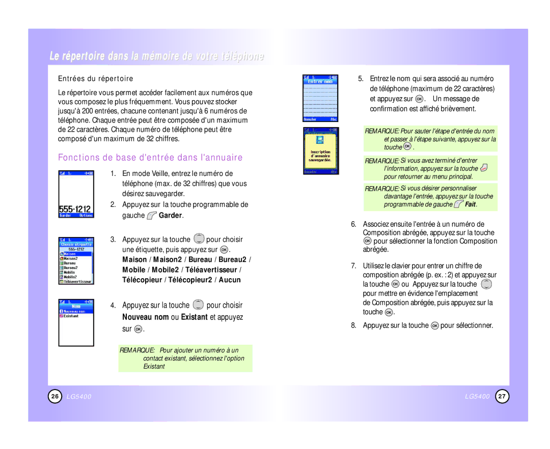 LG Electronics 5400 manual Le répertoire dans la mémoire de votre téléphone, Fonctions de base dentrée dans lannuaire 