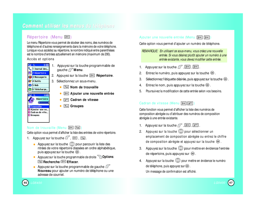 LG Electronics 5400 manual Répertoire Menu, Recherche/ Effacer, Cette option vous permet dajouter un numéro de téléphone 