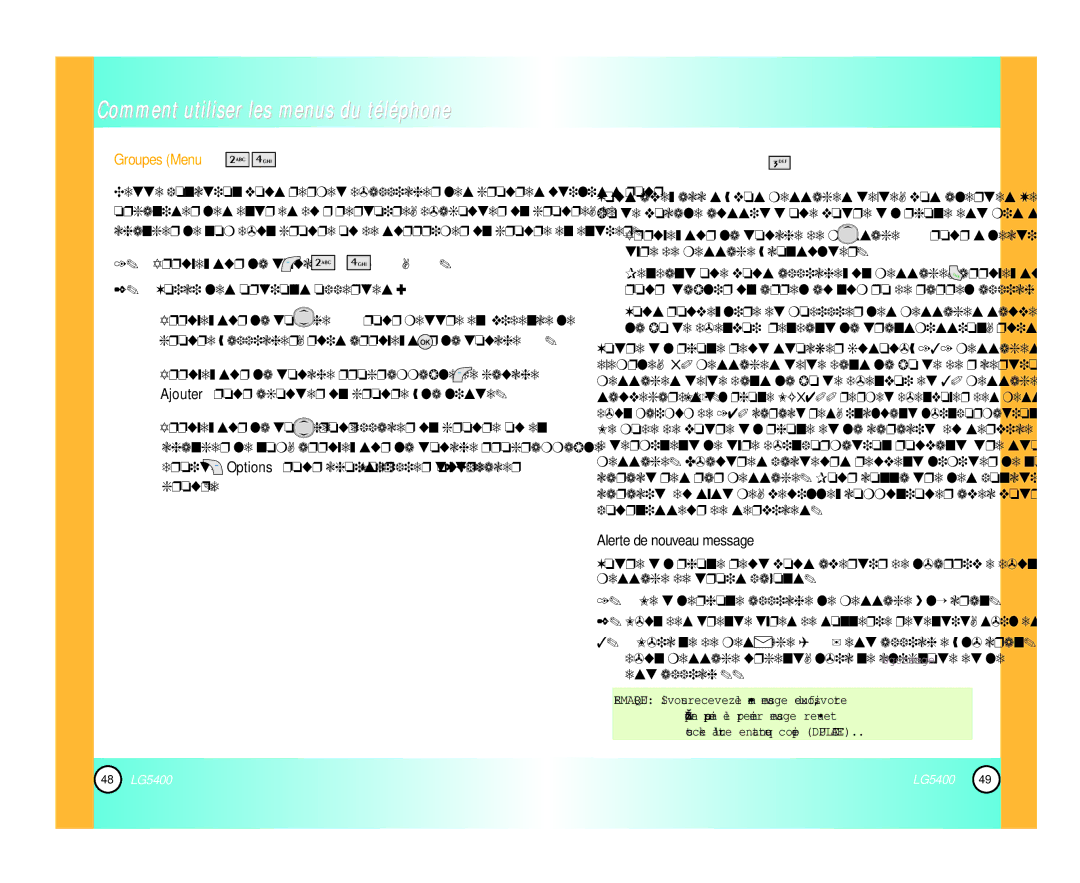 LG Electronics 5400 manual Messageries Menu, Appuyez sur la touche Voici les options offertes, Alerte de nouveau message 