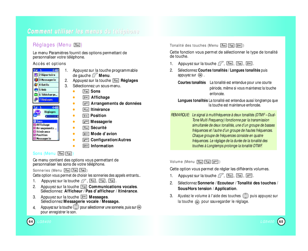 LG Electronics 5400 manual Réglages Menu, Appuyez sur la touche Réglages Sélectionnez un sous-menu, Sons Menu 