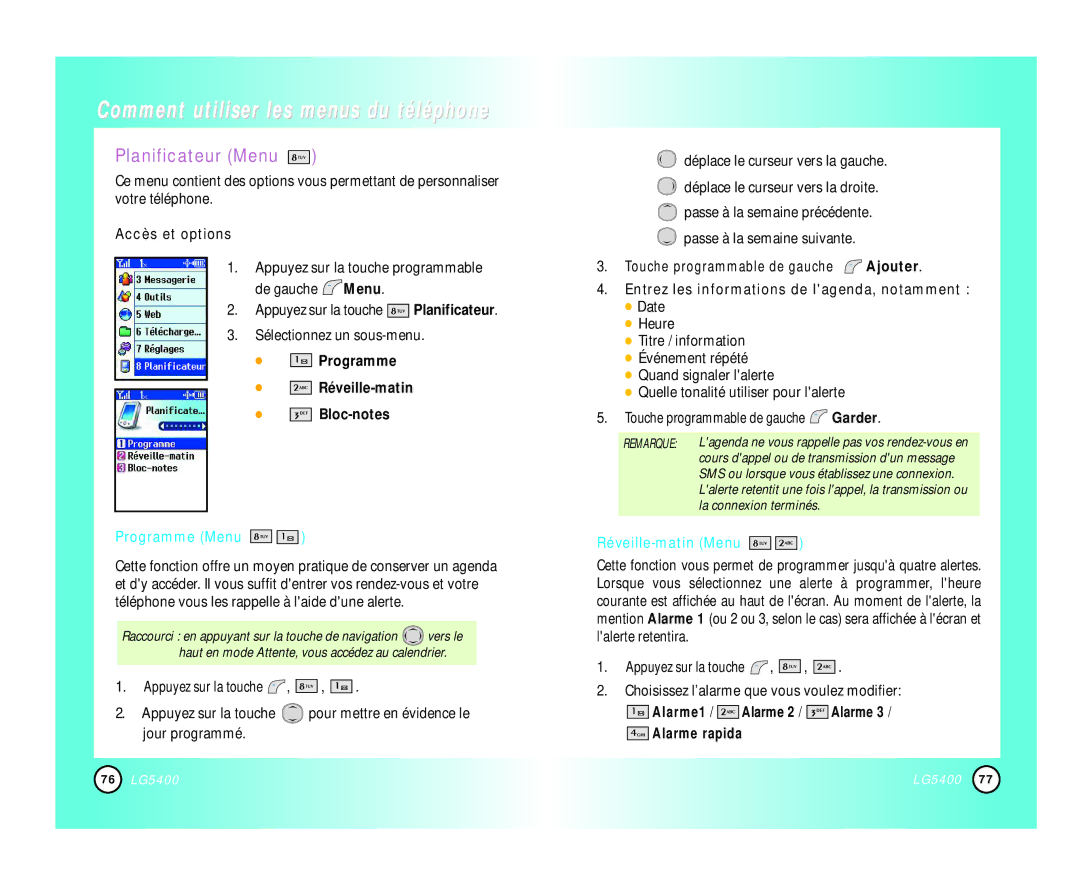 LG Electronics 5400 manual Planificateur Menu, Programme Réveille-matin Bloc-notes, Programme Menu, Réveille-matin Menu 