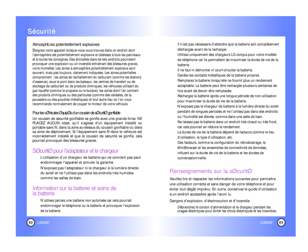 LG Electronics 5400 manual Sécurité pour ladaptateur et le chargeur, Atmosphères potentiellement explosives 