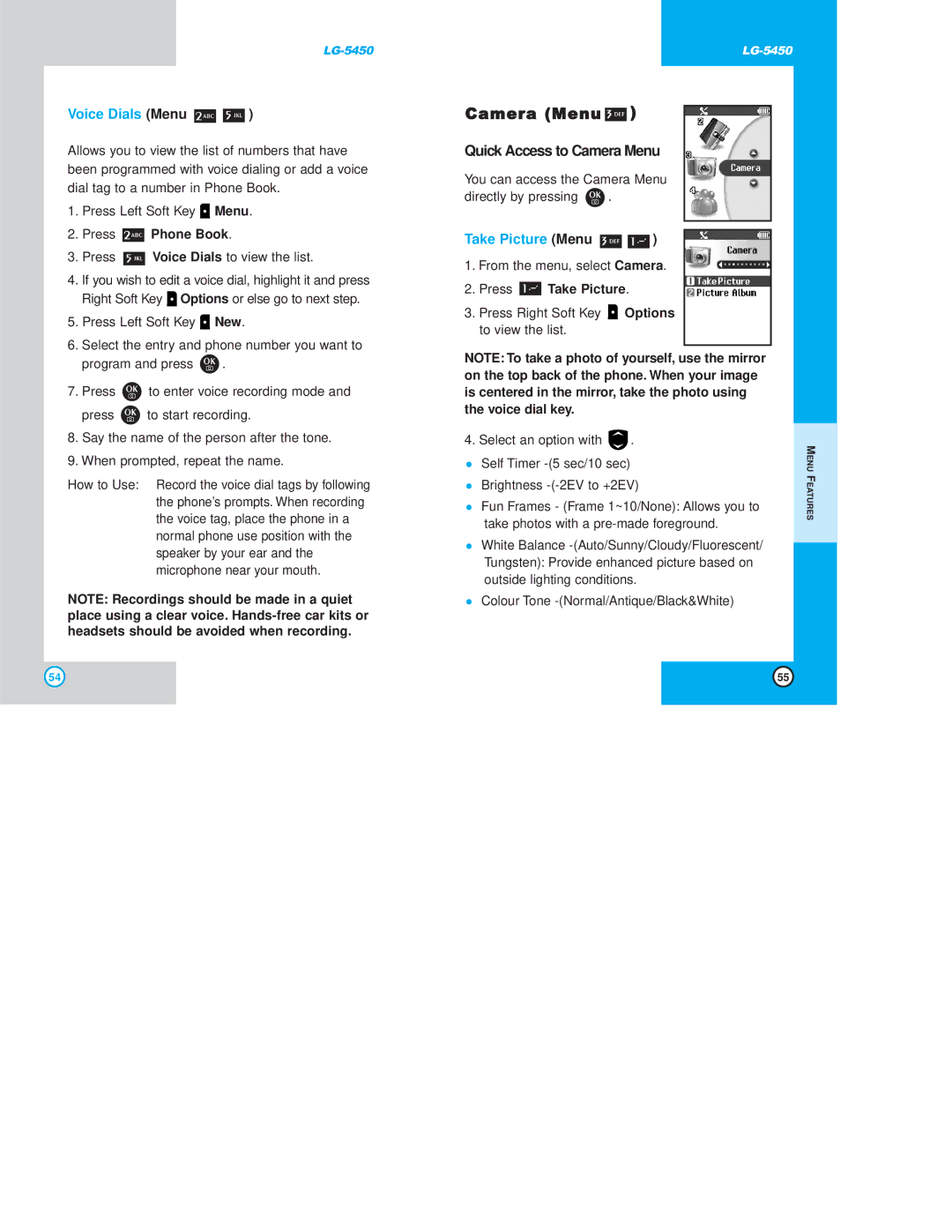 LG Electronics 5450 Camera Menu Quick Access to Camera Menu, Voice Dials Menu, Take Picture Menu, Press Take Picture 