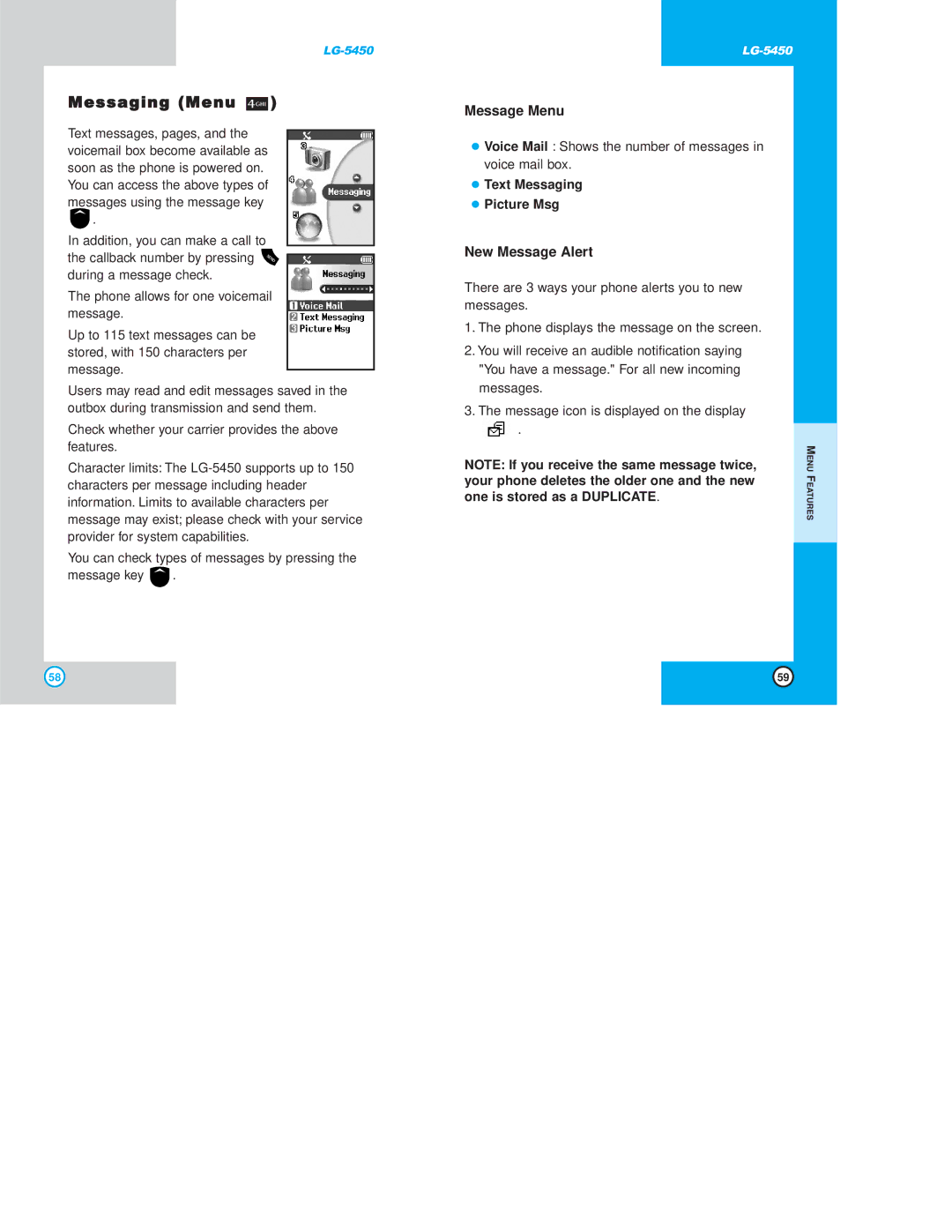 LG Electronics 5450 owner manual Messaging Menu, Message Menu, New Message Alert, Text Messaging Picture Msg 