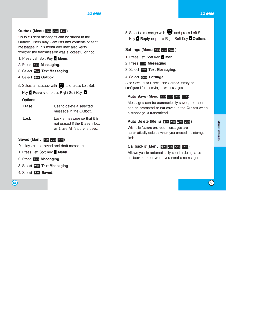 LG Electronics 5450 owner manual Outbox Menu, Saved Menu, Settings Menu, Auto Save Menu, Auto Delete Menu, Callback # Menu 