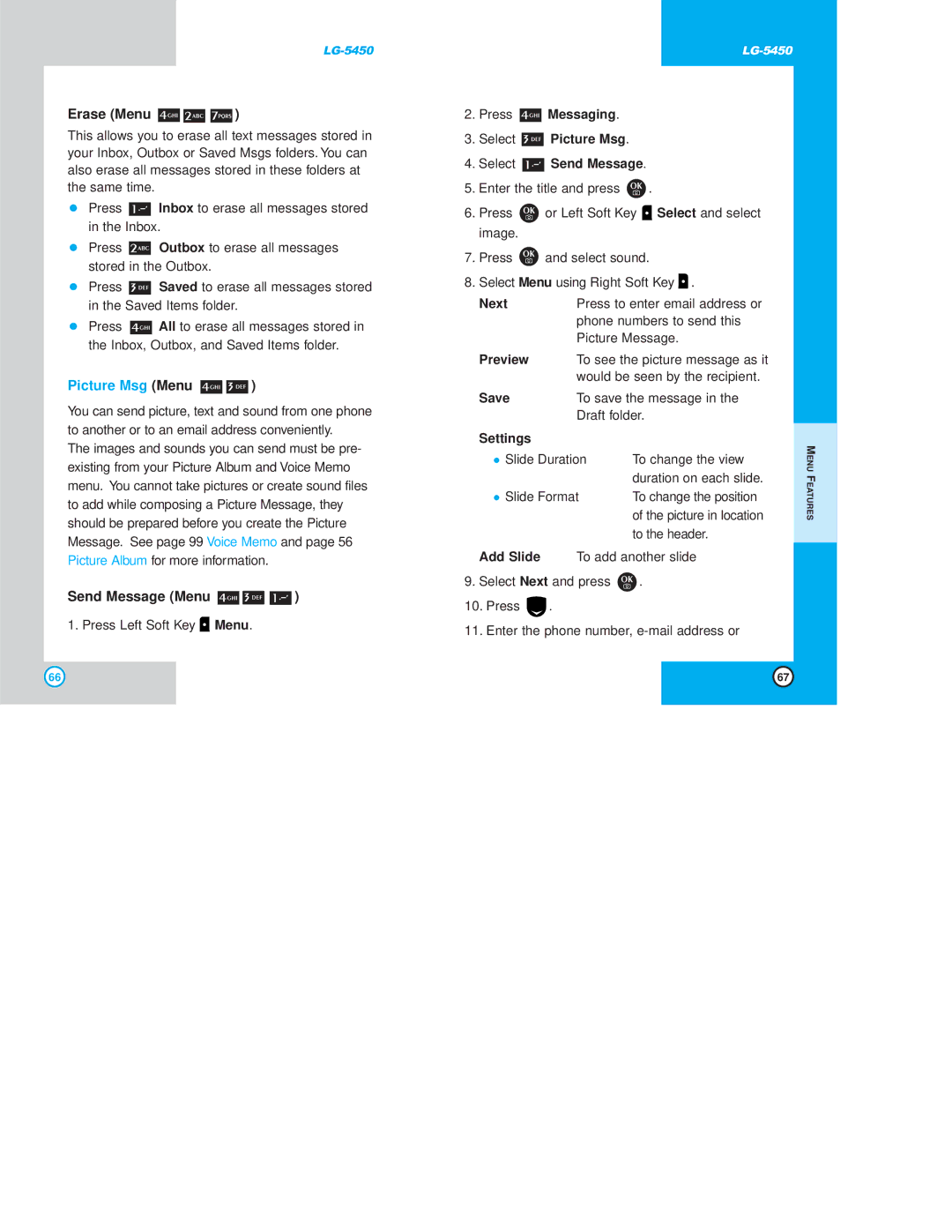LG Electronics 5450 owner manual Erase Menu, Picture Msg Menu 