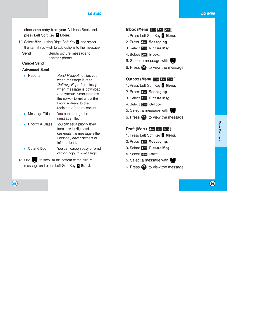 LG Electronics 5450 owner manual Draft Menu, Cancel Send Advanced Send, Press Messaging Select Picture Msg 