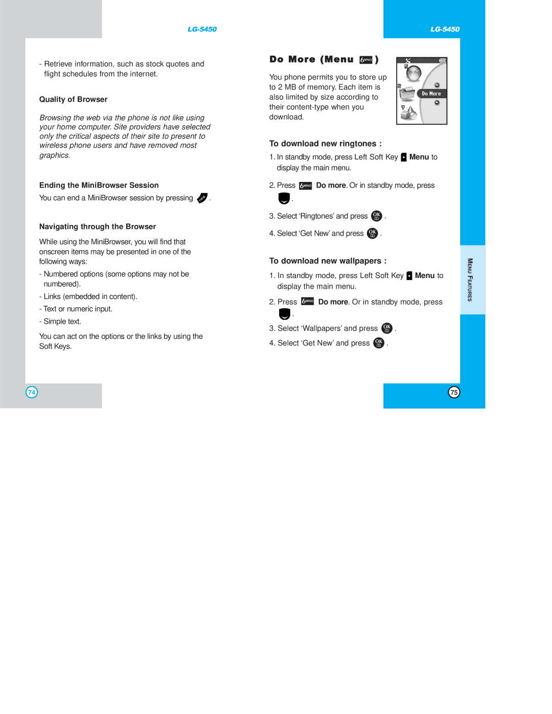 LG Electronics 5450 owner manual Do More Menu, To download new ringtones, To download new wallpapers 