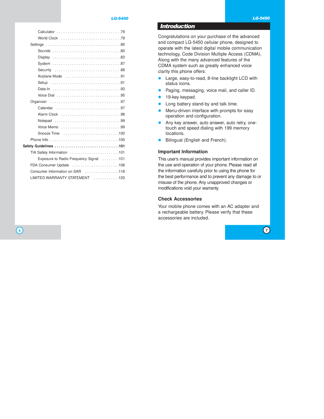 LG Electronics 5450 owner manual Introduction, Important Information, Check Accessories 