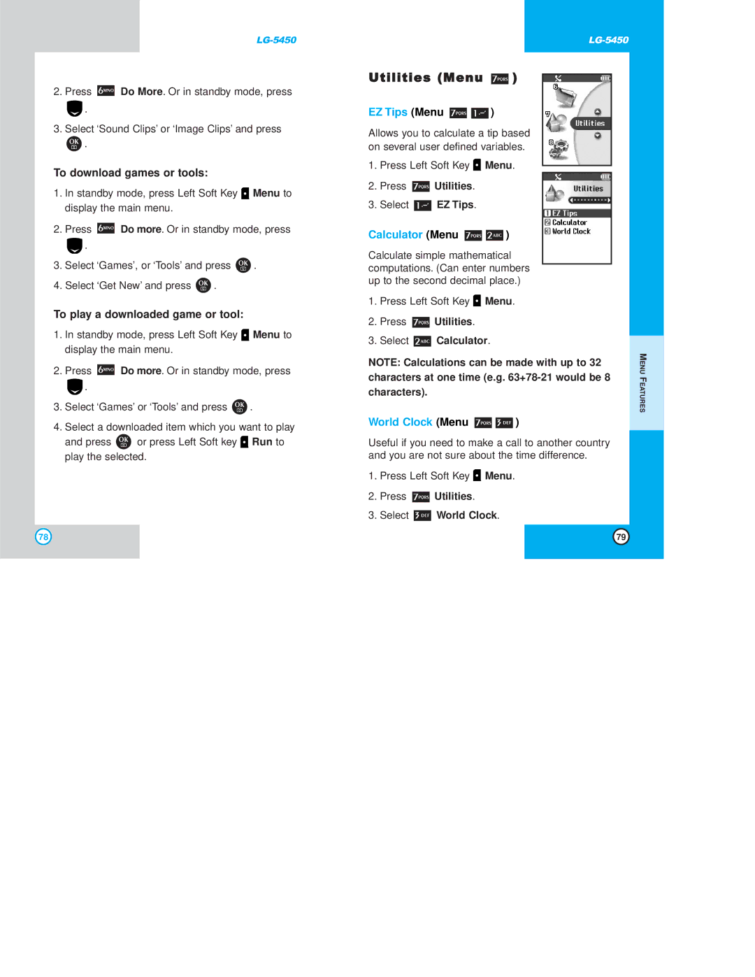 LG Electronics 5450 owner manual Utilities Menu, To download games or tools, To play a downloaded game or tool 