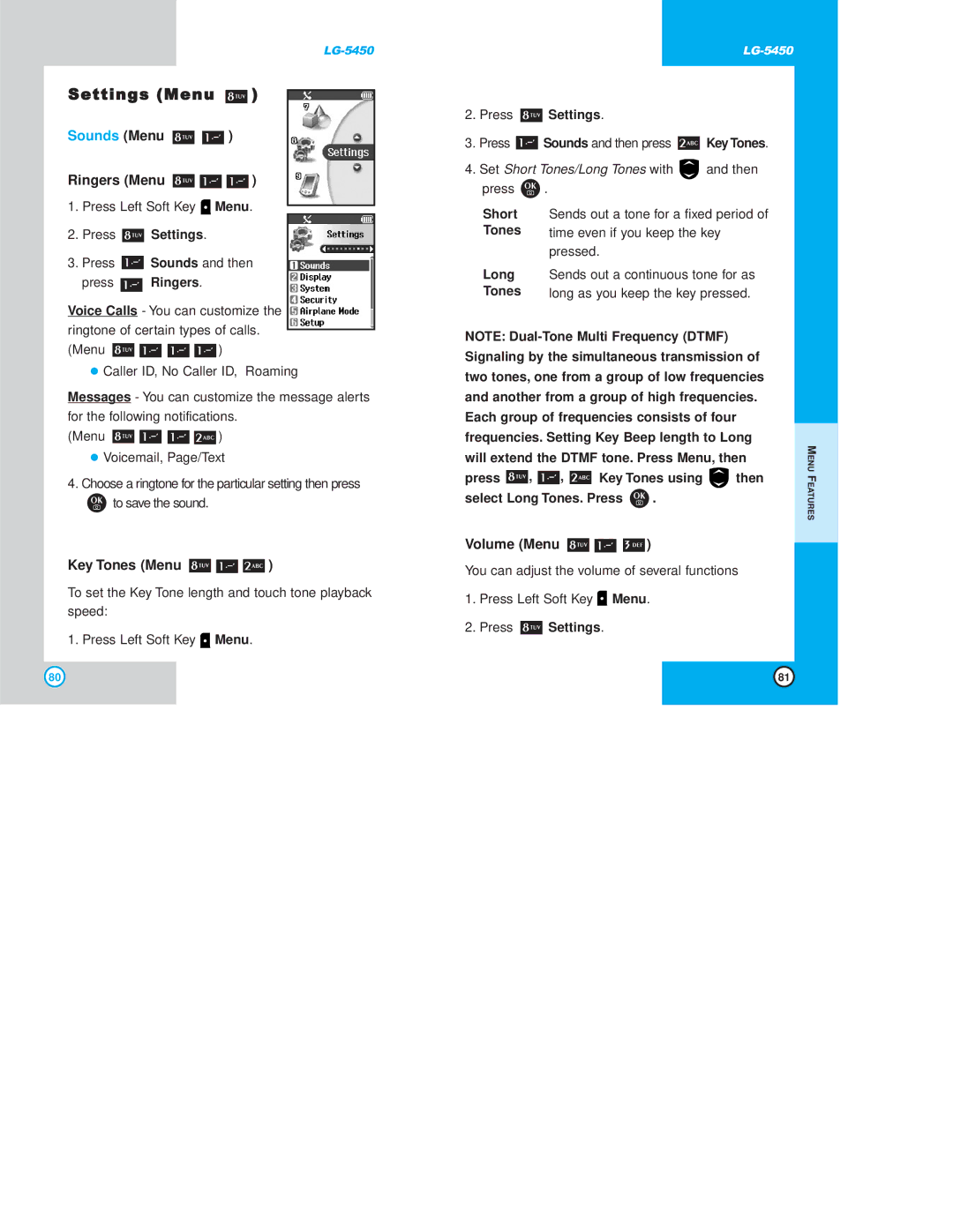 LG Electronics 5450 owner manual Settings Menu, Sounds Menu Ringers Menu, Key Tones Menu, Volume Menu 