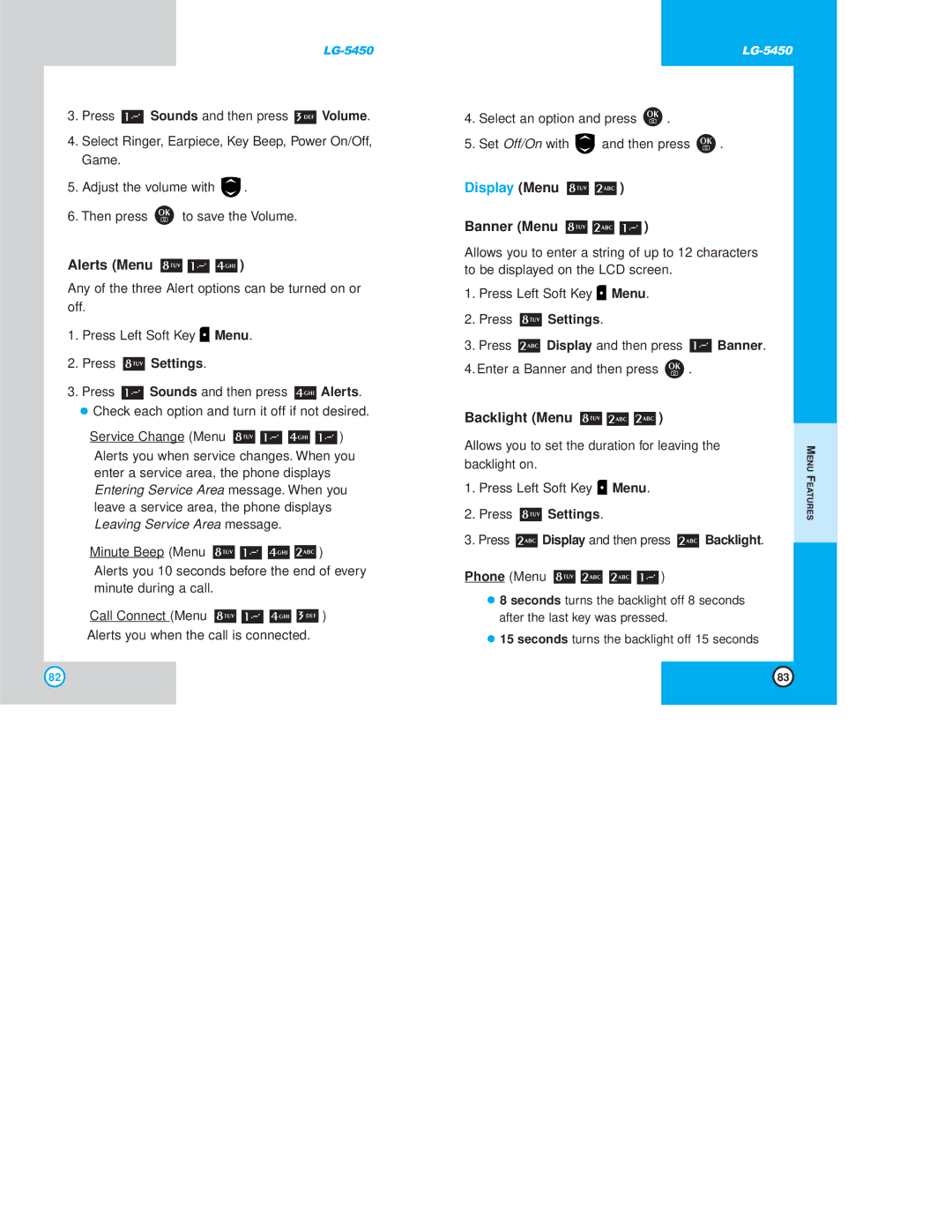 LG Electronics 5450 owner manual Alerts Menu, Display Menu, Banner Menu, Backlight Menu 