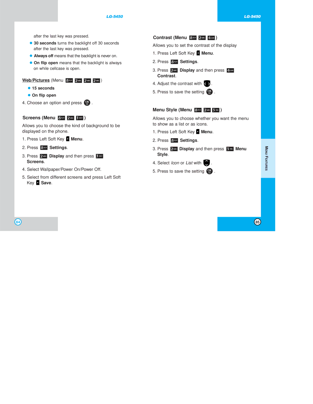 LG Electronics 5450 owner manual Screens Menu, Contrast Menu, Menu Style Menu, Web/Pictures Menu Seconds On flip open 