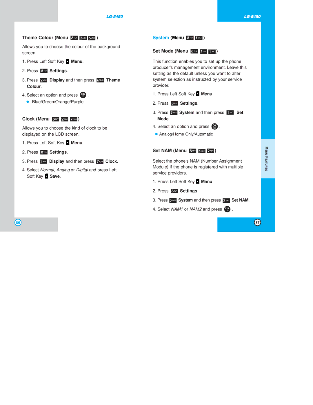 LG Electronics 5450 owner manual Theme Colour Menu, Clock Menu, Set Mode Menu, Set NAM Menu 