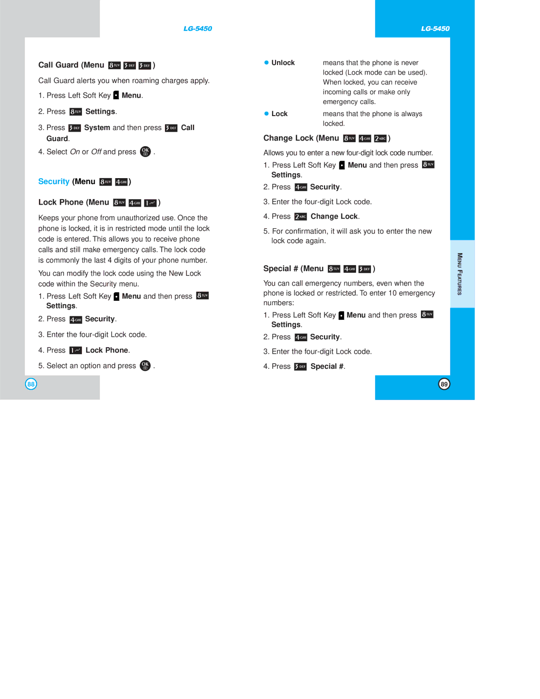 LG Electronics 5450 owner manual Call Guard Menu, Security Menu, Lock Phone Menu, Change Lock Menu, Special # Menu 