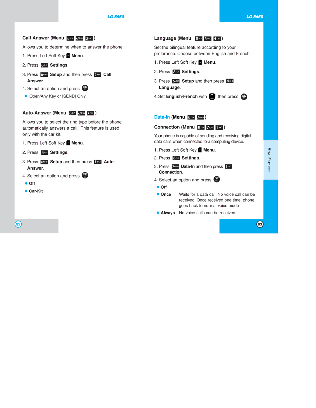 LG Electronics 5450 owner manual Call Answer Menu, Auto-Answer Menu, Language Menu, Data-In Menu, Connection Menu 