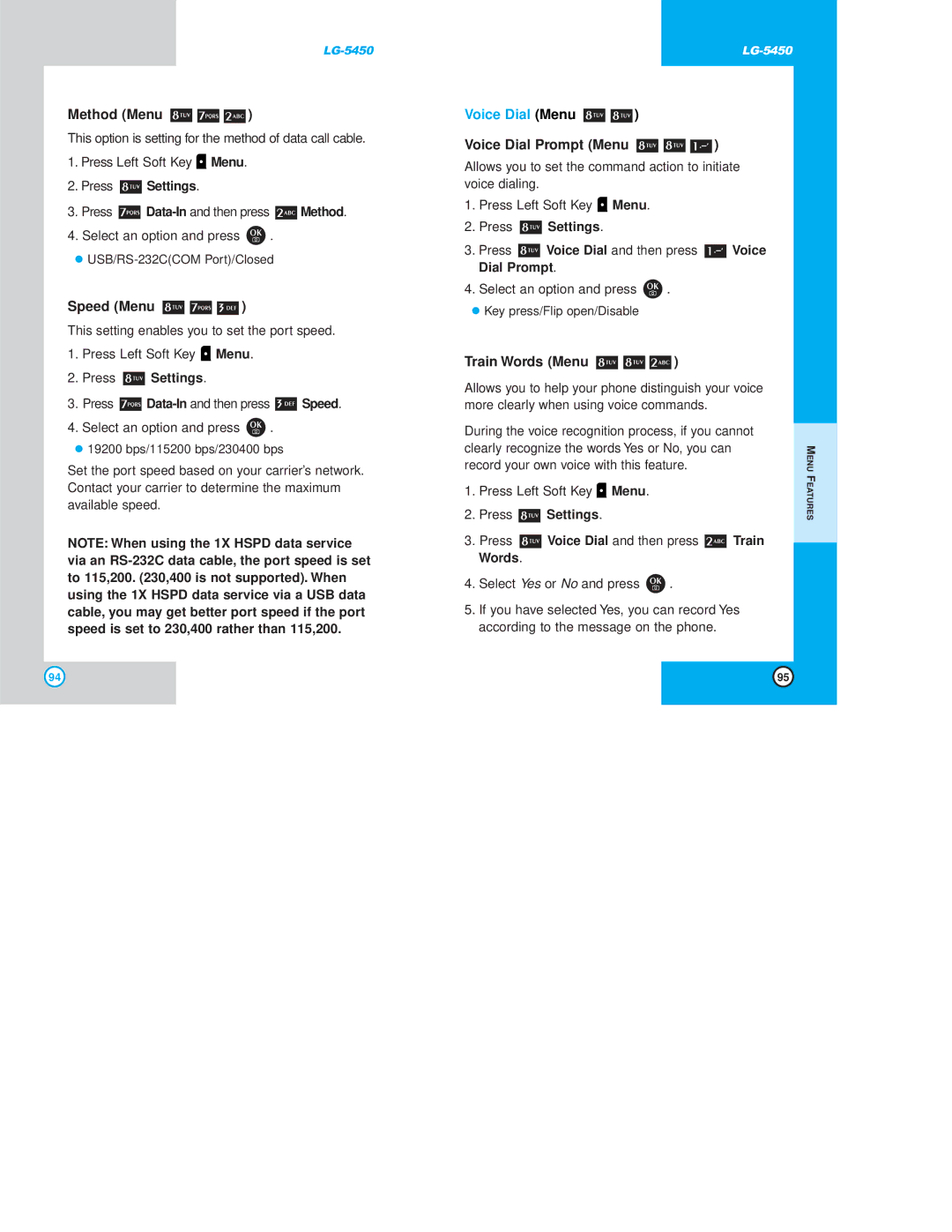 LG Electronics 5450 owner manual Method Menu, Speed Menu, Voice Dial Menu, Voice Dial Prompt Menu, Train Words Menu 
