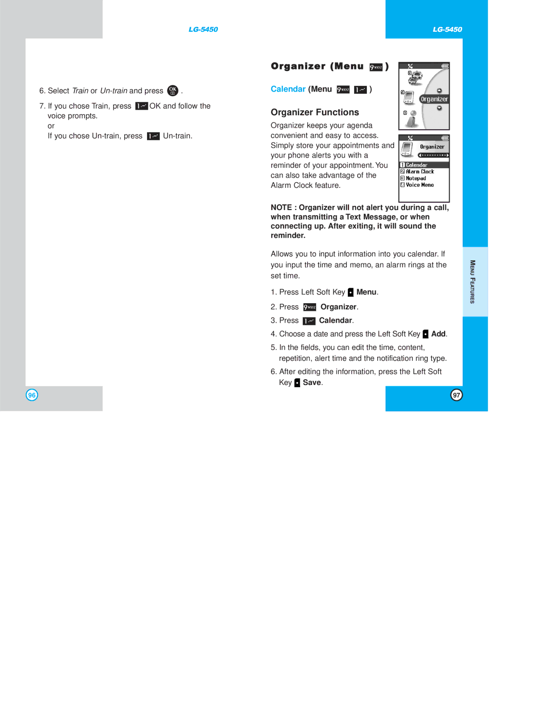 LG Electronics 5450 owner manual Organizer Menu, Calendar Menu, Press Organizer Press Calendar 