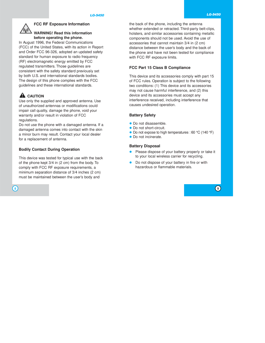 LG Electronics 5450 FCC RF Exposure Information, Bodily Contact During Operation, FCC Part 15 Class B Compliance 