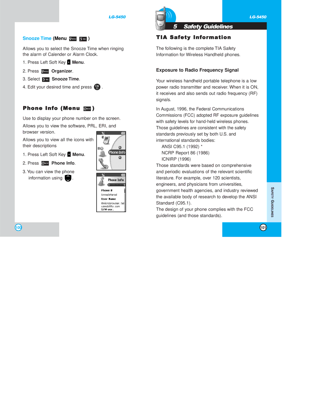 LG Electronics 5450 owner manual Safety Guidelines, Phone Info Menu, TIA Safety Information, Snooze Time Menu 