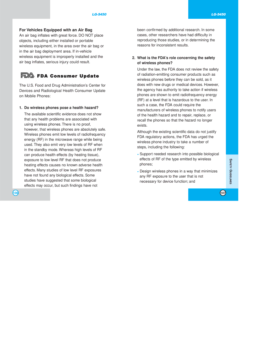 LG Electronics 5450 FDA Consumer Update, For Vehicles Equipped with an Air Bag, Do wireless phones pose a health hazard? 