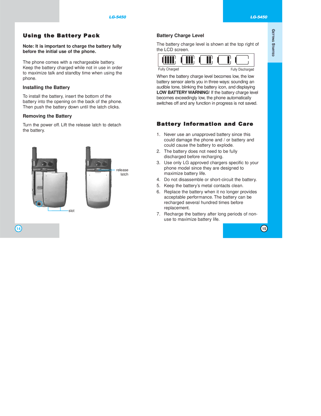 LG Electronics 5450 Using the Battery Pack, Battery Information and Care, Installing the Battery, Removing the Battery 