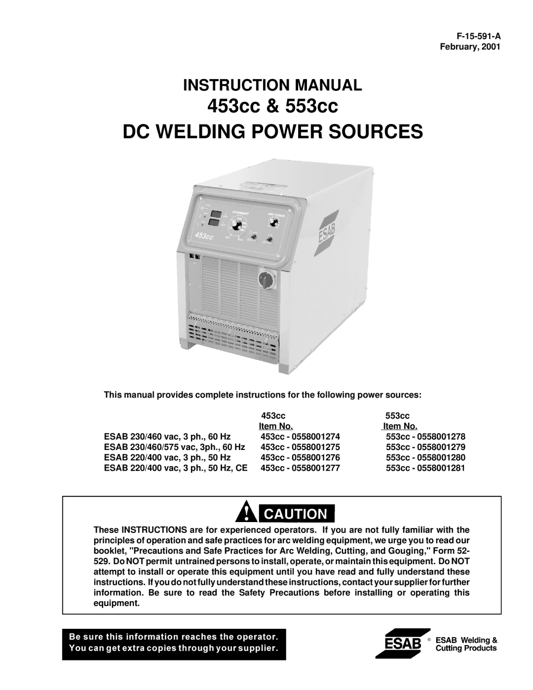 LG Electronics 453cc, 553cc instruction manual DC Welding Power Sources, A February 