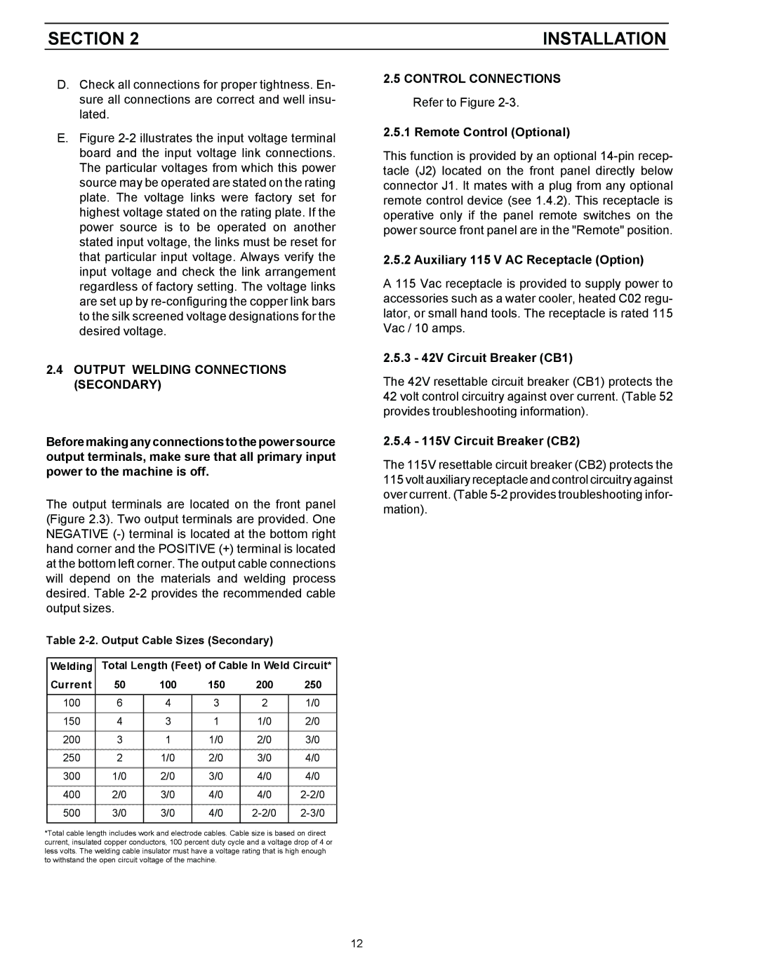 LG Electronics 553cc Output Welding Connections Secondary, Control Connections Refer to Figure Remote Control Optional 