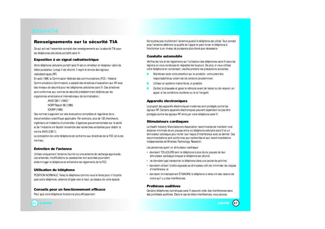 LG Electronics 5550 manual Exposition à un signal radioélectrique, Entretien de l’antenne, Utilisation du téléphone 