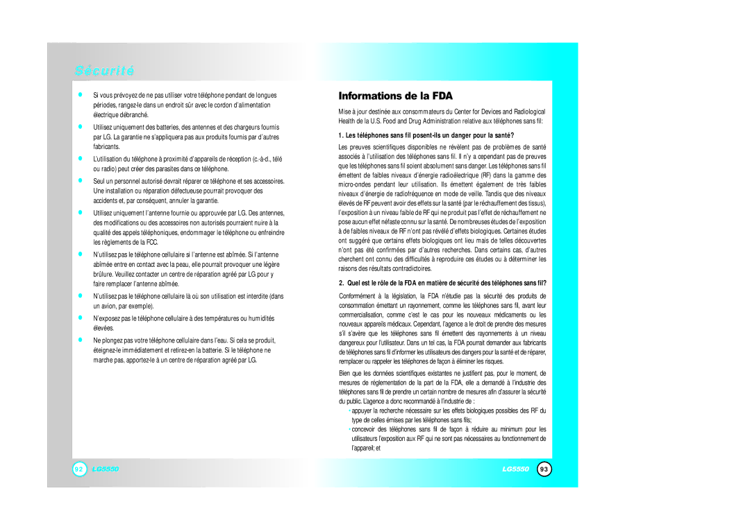 LG Electronics 5550 manual Informations de la FDA, Les téléphones sans fil posent-ils un danger pour la santé? 