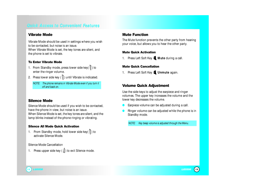 LG Electronics 5550 manual Vibrate Mode, Silence Mode, Mute Function, Volume Quick Adjustment 