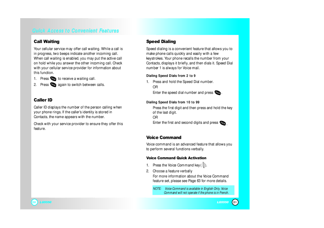 LG Electronics 5550 manual Call Waiting, Caller ID, Speed Dialing, Voice Command Quick Activation 
