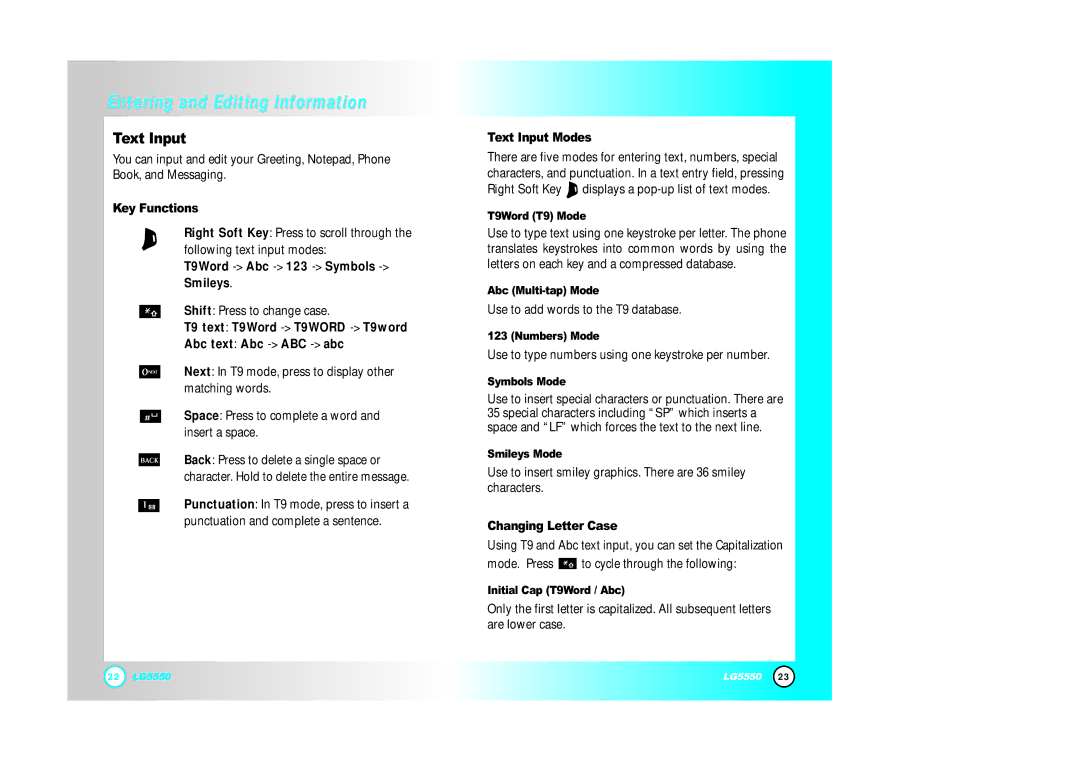 LG Electronics 5550 manual Text Input 
