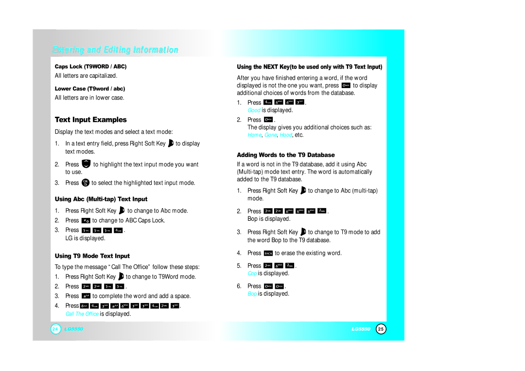 LG Electronics 5550 manual Text Input Examples, Adding Words to the T9 Database, Using Abc Multi-tap Text Input 