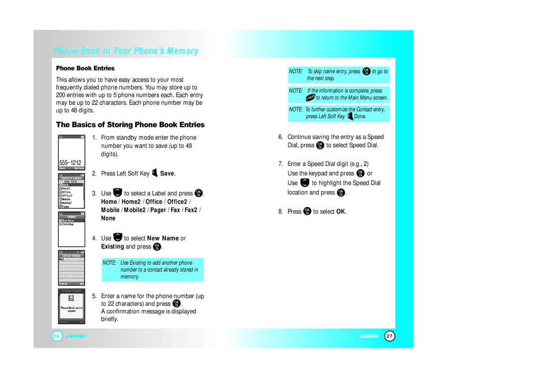 LG Electronics 5550 manual Basics of Storing Phone Book Entries 