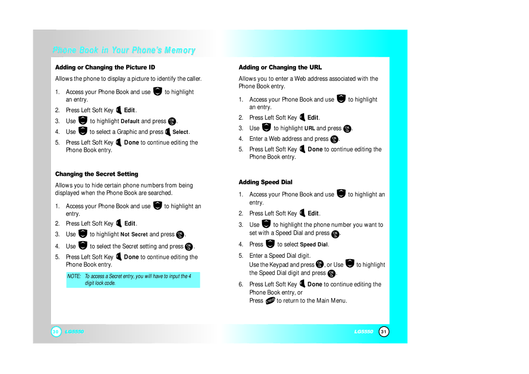 LG Electronics 5550 manual Adding or Changing the Picture ID, Changing the Secret Setting, Adding or Changing the URL 
