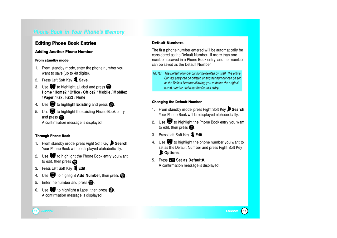 LG Electronics 5550 manual Editing Phone Book Entries, Adding Another Phone Number, Default Numbers, Press Set as Default# 