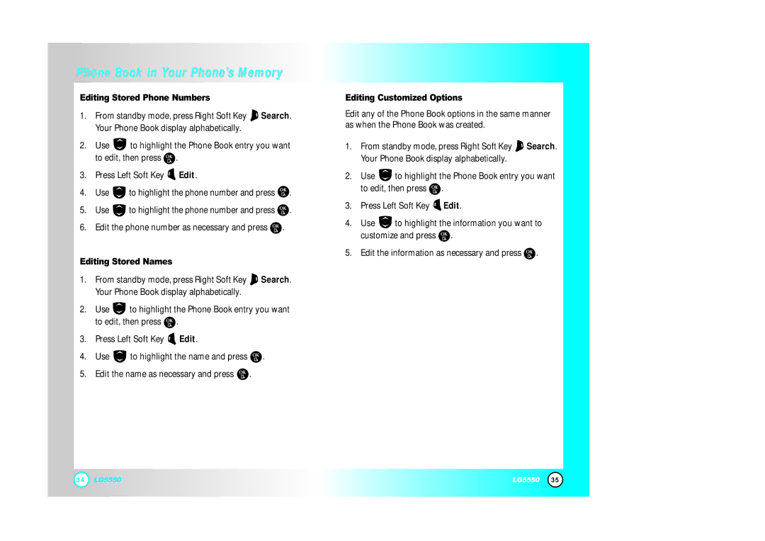 LG Electronics 5550 manual Editing Stored Phone Numbers, Editing Stored Names, Editing Customized Options 