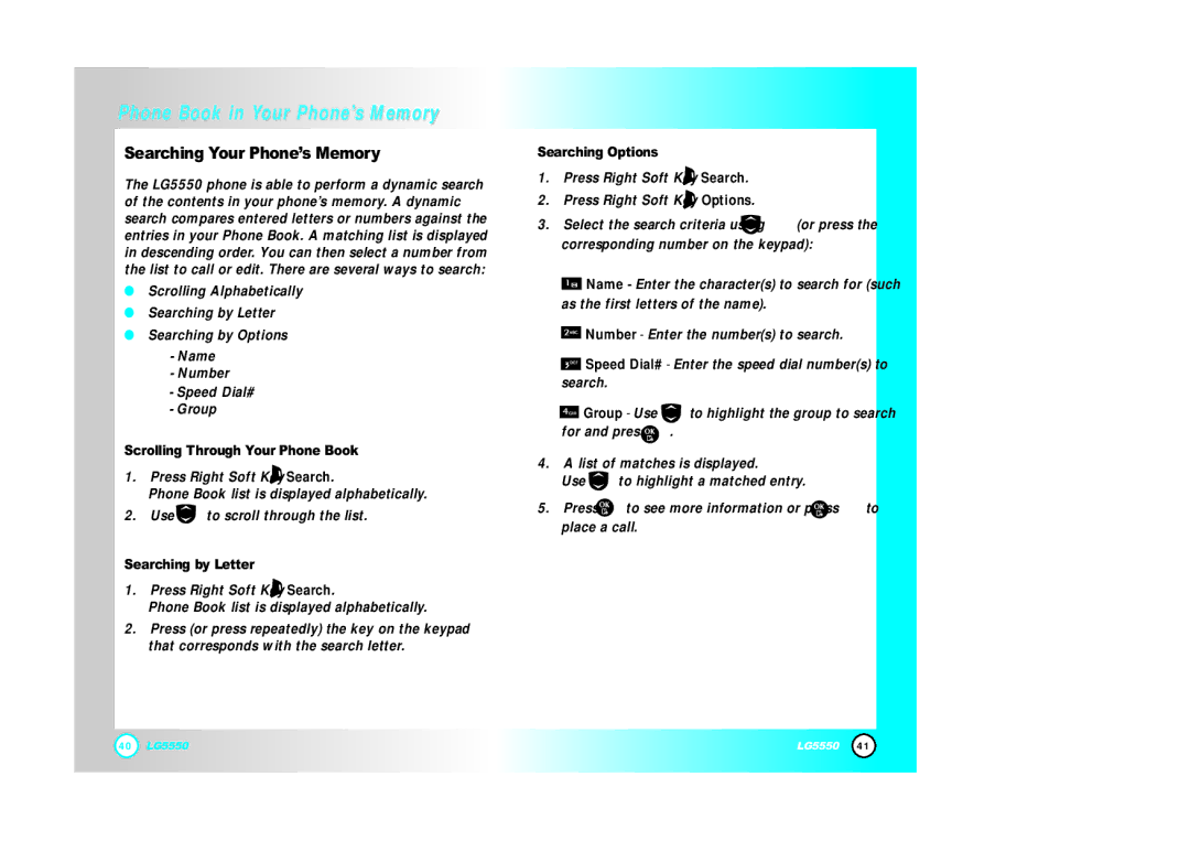 LG Electronics 5550 manual Searching Your Phone’s Memory, Scrolling Through Your Phone Book, Searching by Letter 