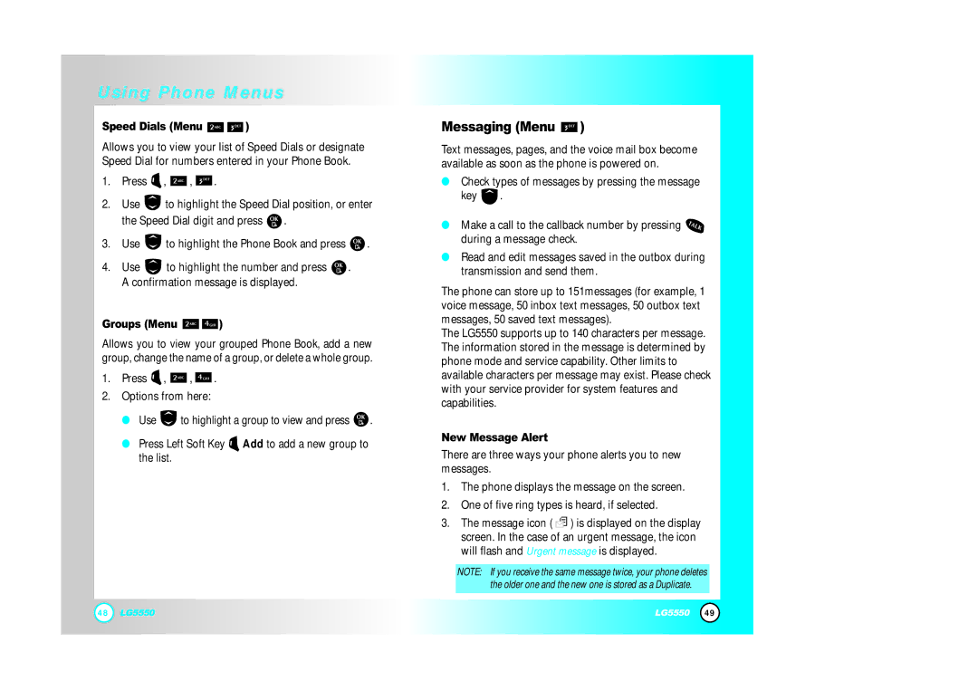 LG Electronics 5550 manual Messaging Menu, Speed Dials Menu, Groups Menu, New Message Alert 