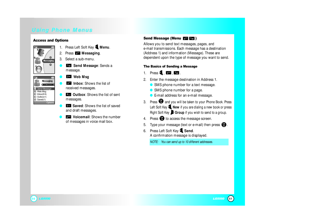 LG Electronics 5550 manual Send Message Menu, Messaging, Send Message Sends a, Web Msg, Basics of Sending a Message 