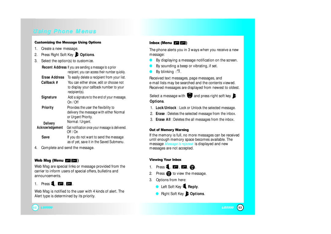 LG Electronics 5550 manual Inbox Menu, Options, Web Msg Menu 
