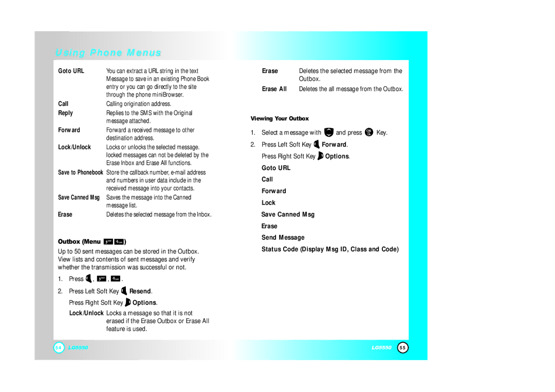 LG Electronics 5550 manual Outbox Menu, Erase 