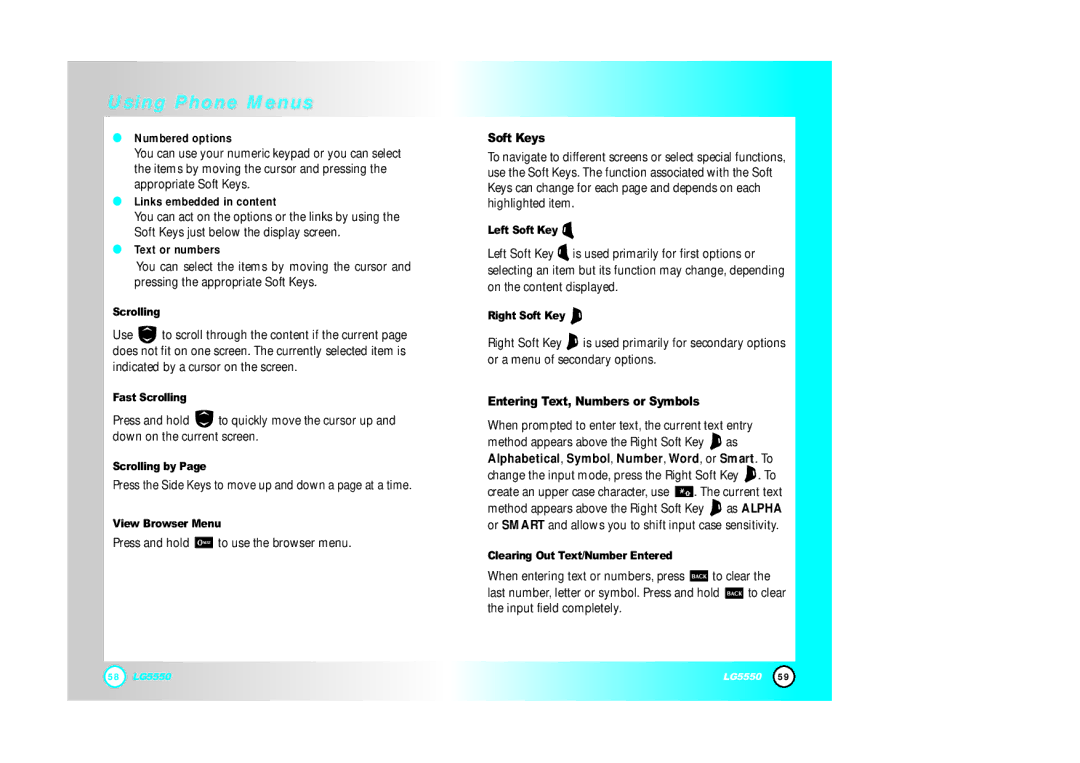 LG Electronics 5550 manual Soft Keys, Entering Text, Numbers or Symbols 